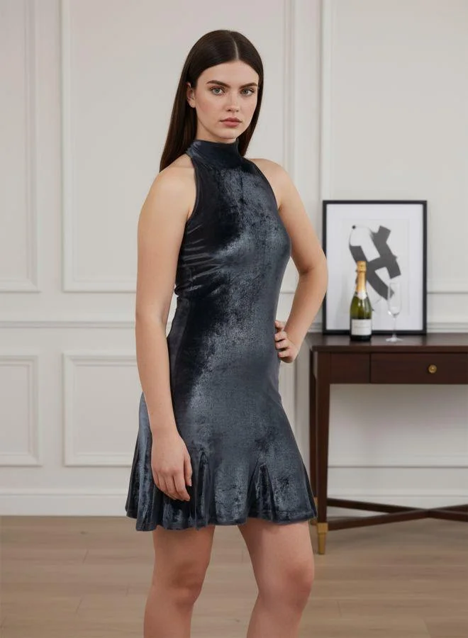 Freehand Women Fit and Flared Solid Halter Neck Sleeveless Godet Dress